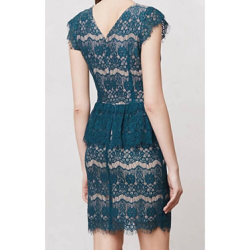 Maeve Lace Sheath Tiered Elsa Peplum Dress Teal Green ANTHROPOLOGIE ,EUC, M